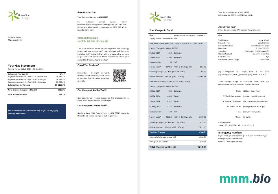 Wielka Brytania Green Star Energy energy rachunek za usługi komunalne formaty Word i PDF, 3 strony